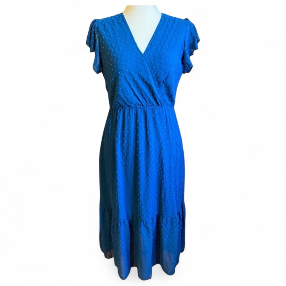 Elegant Blue Wrap Dress Lined NEW Boho Wrap V Neck Ruffle Cap
Sleeve Swiss Dot S